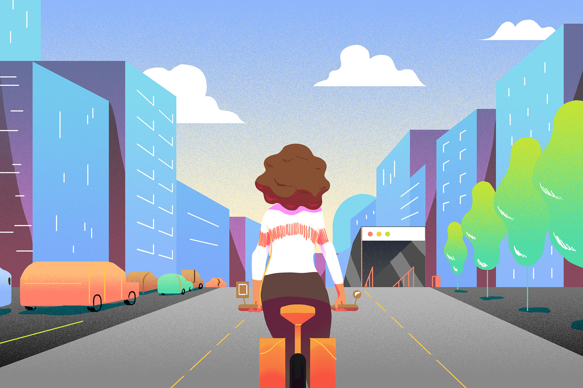 … and then a bike to get home with groceries. With her pick of rovers she could comfortably travel over longer distances than she could comfortably walk or bike. Aya’s newfound range gave her car-free access to cheaper, newer homes in outlying areas.